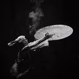 a woman with a gun jumping through the air toward a frisbee