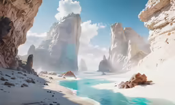 an animated landscape of a stream and some cliffs