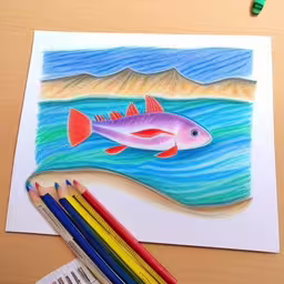 a drawing of a fish on a table with colored pencils,a pencil and some watercolor paints on a table