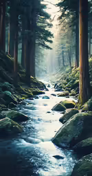 the water runs through a forest next to some rocks