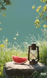 a watermelon slice in front of a lit candle sitting on a rock