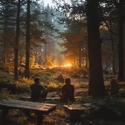people sit on wooden benches in the woods near fire
