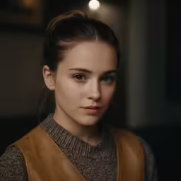 a girl wearing brown jacket posing for the camera
