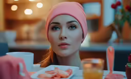an attractive young woman sitting in front of a table with food