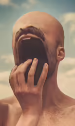 a man holding his hands in front of his face and pulling on the upper lip