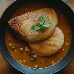 two dough rolls covered with some leaves sit in a bowl