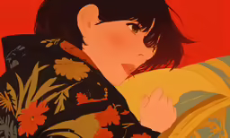 a female in a kimono is holding a piece of cloth