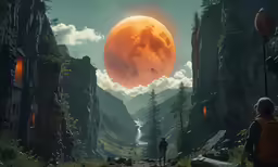 a person is standing in the middle of a small wooded area under a giant orange moon