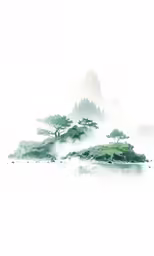 an island covered in trees with mist