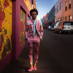 a man in pink is standing near some buildings,man standing in front of a colorful wall in his pajamas