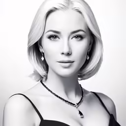 a beautiful blond woman in a black dress posing