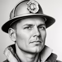 a black and white photo of a fireman looking pensive