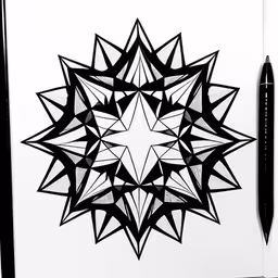 this drawing depicts a star shape designed with sharp lines and dots,a pen is laying on top of a paper with an intricate design,a pen and some sort of abstract drawing,an abstract paper work designed with various shapes,a drawing made with several different lines