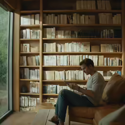 a person sitting on a couch in front of a book shelf and looking at a phone