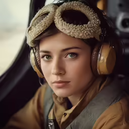 a woman with ear muffs and brown leather jacket