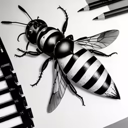 a black and white drawing of a bug and some black markers