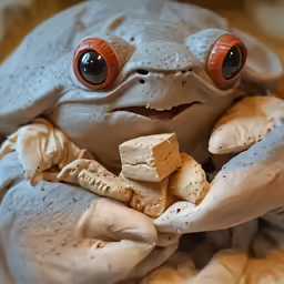 a stuffed frog is wrapped in fabric with two large eyes and a mustache