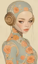 an artistic painting of a woman with headphones