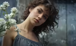 a beautiful young woman with dark eyes holding a white flower
