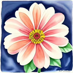 a colorful flower painted in white and red colors,watercolor drawing of a big pretty flower,an artistic image of a pink flower with green leaves,an artwork work showing a white and pink flower,the water lily is a painted in pastel technique