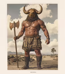 the image shows a man with a horned face and a staff, wearing a large skirt