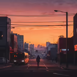 a man walking on a city street at sunset