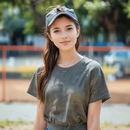 a girl in a gray shirt and a brown hat