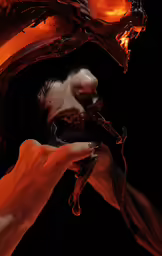 the woman is holding up a piece of glass in her mouth