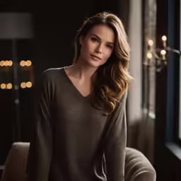 the woman is sitting in the room near a window