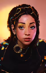 a woman with frecky hair and blue eyes and a black top and large earrings,a woman is dressed like a gypsy
