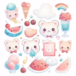 a bunch of different items including watermelon, an apple and other objects