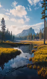 a stream flowing between a grassy field with a forest and mountains in the background