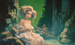 a young girl dressed in an evening gown sits on rocks