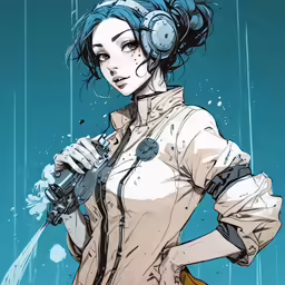 an avatar in headphones and a trench coat holding a spray gun