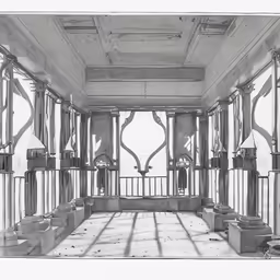 a drawing of a large hallway with lots of tall windows