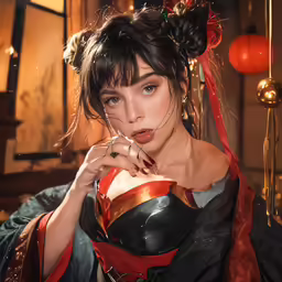 a woman dressed in a corset and red sash, poses for the camera