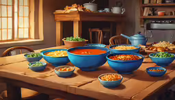 a group of bowls full of various food items on a wooden table,some bowls and pans filled with food on top of a table