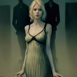 a cartoon of a woman in a dress standing beside two men