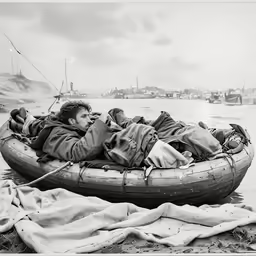 a man laying down on top of an inflatable boat