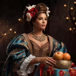 a woman in renaissance dress holding a bowl of fruit