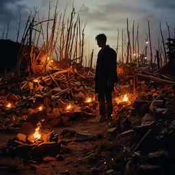 a man standing on the ground next to piles of wood