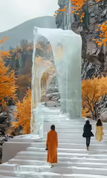 three women are walking along a path towards an ice - like mountain
