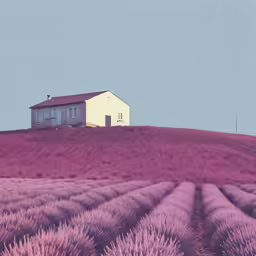 a small house is on top of a hill near lavender fields