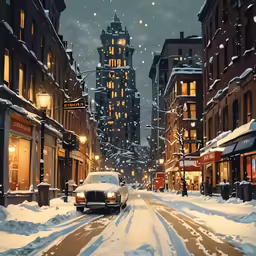 a car driving through a snow covered city