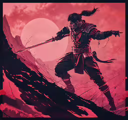 a man standing on top of a mountain holding a sword,an image of a man holding onto a sword