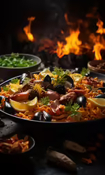 a large pizza with ingredients being cooked over an open flame