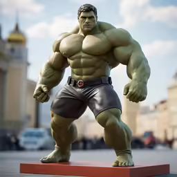 the hulk statue is on display in front of a busy city street