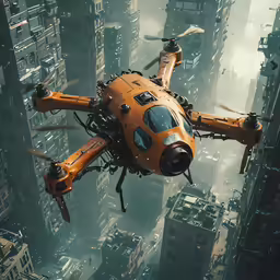 a yellow hover hovering over a large city