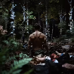 a person sitting on the ground with clothes piled in front of him