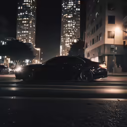 two cars parked at a stop in the middle of a city